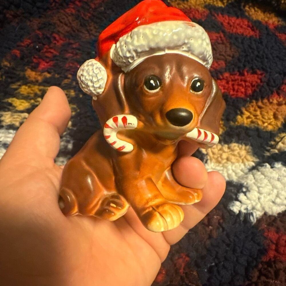 Vintage dog trinket dachshund Japan figure Christmas holiday figurine - EUC